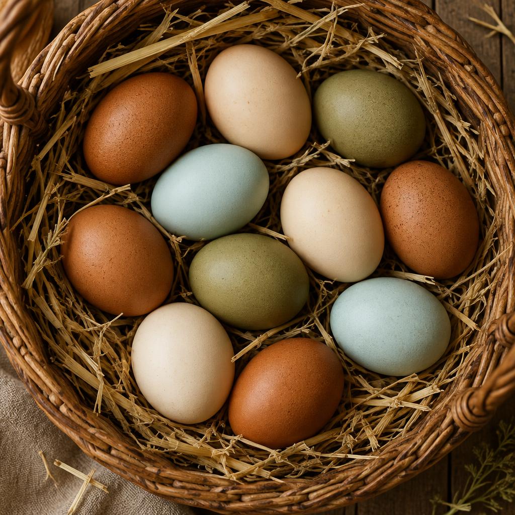 Basket of colorful farm eggs